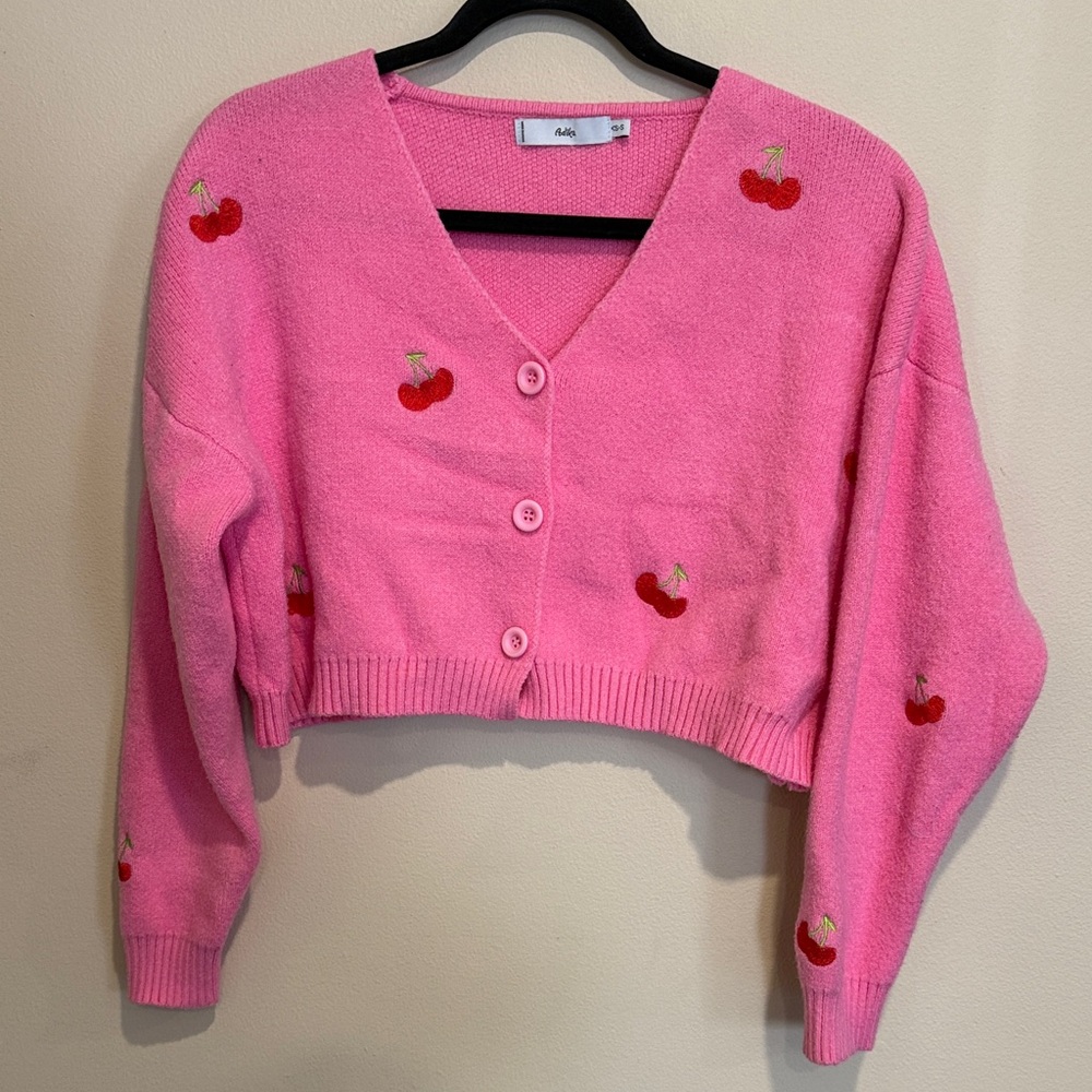 Adika Pink Cherry Embroidered Cropped Cardigan Soft Girl Y2K Stylish cute chic